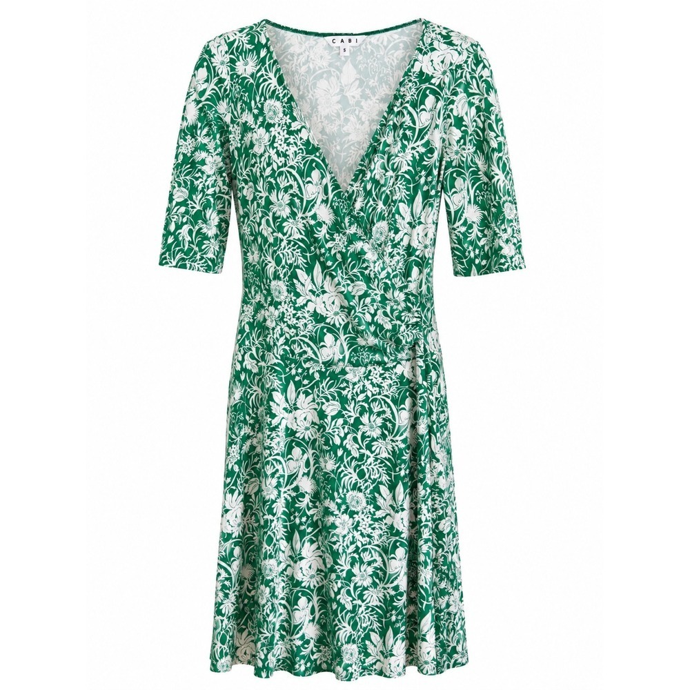 Cabi Dress Small Green White Floral Faux Wrap Stretch Knit Fit Flare Cottagecore